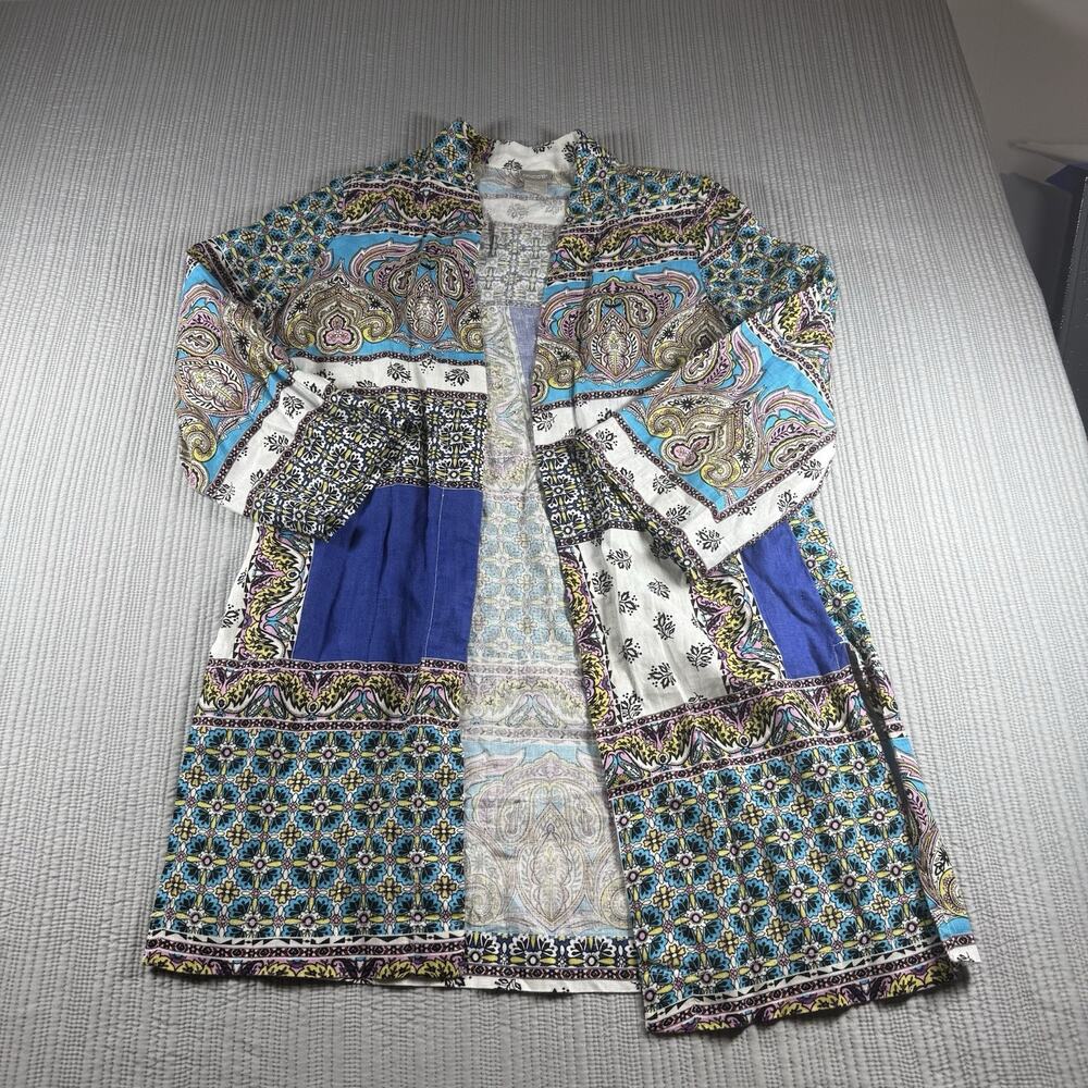 Chico's Linen Patchwork Longline Kimono Cardigan Womens 1 Boho Artsy Eclectic